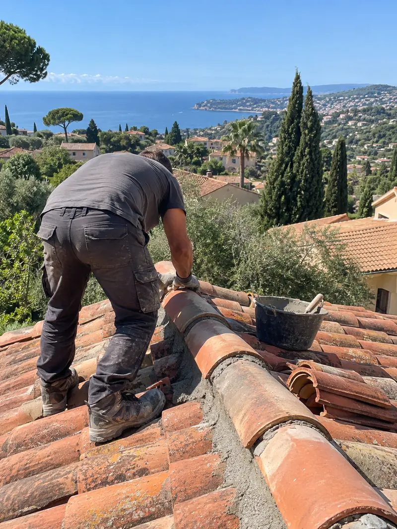 Marc Bony, artisan couvreur, en train de sceller un faîtage sur une toiture en tuiles canal au-dessus de la baie de Nice