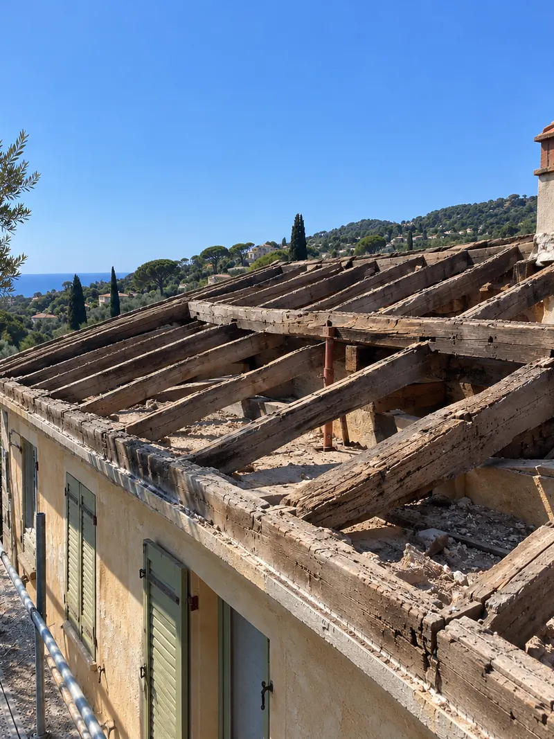 Charpente ancienne mise à nu après dépose de la couverture, chevrons fendus et bois attaqué